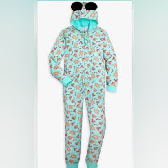 Disney Mickey Mouse Gingerbread Onesie XL – Christmas Pajamas, Mint Green Hooded - Picture 1 of 11